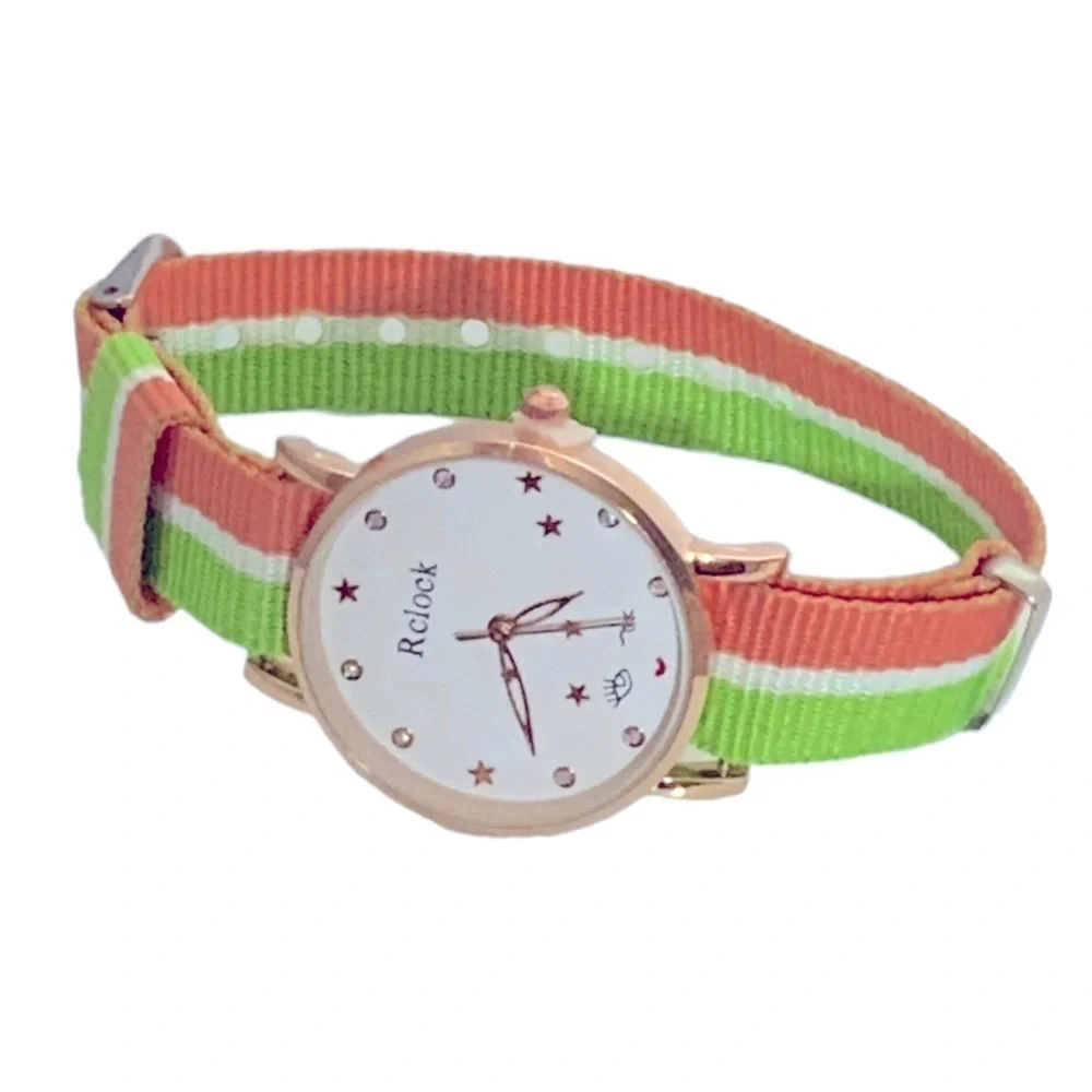 Watch Women’s Analog Round  Preppy Stripe Canvas Buckle Band Green Coral